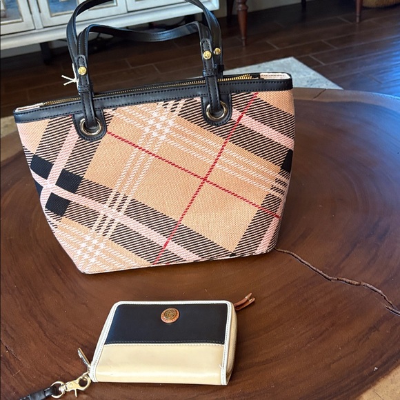 NWT Spartina 449 Telfair Island Tote Wallet Set Plaid Canvas Tassel Bag Coastal - Picture 6 of 11